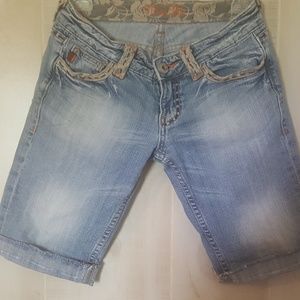 Miss Me Blue Jean Distressed Lace Bermuda Shorts